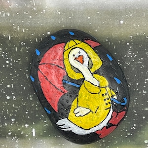 Duck Wearing Raincoat and Holding Umbrella, Lovely Weather for a Duck, Spring Painted Rock, Stone Art