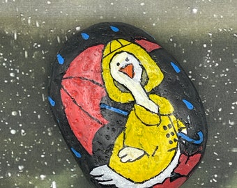 Duck Wearing Raincoat and Holding Umbrella, Lovely Weather for a Duck, Spring Painted Rock, Stone Art