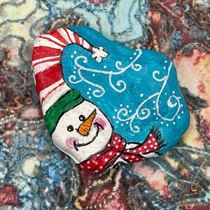 Whimsical Winter Snowman With Candy Cane Hat and Scarf, Christmas Holiday, Painted Rock, Pebble Art