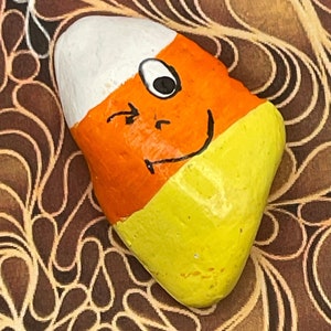 Cartoon Face Winking Candy Corn, Hand Painted Rock, Fall Art, Halloween Art, Pebble Stone Painting