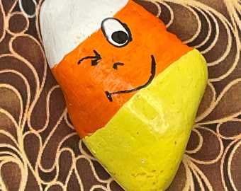 Cartoon Winking Candy Corn Hand Painted Rock, Halloween Rock Art, Cute Fall Tiered Tray Accent Decor Stone