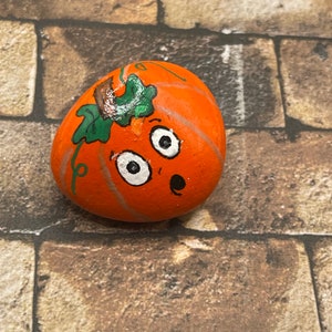 Hand Painted Rock, Cartoon Face Orange Pumpkin, Fall Art Halloween Art, Pebble Art, Stone Painting, Kindness Rocks, Acrylic Painting, Sealed