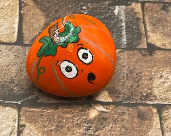 Cartoon Surprised Face Pumpkin, Hand Painted Halloween Rock, Whimsical Fall Stone Art
