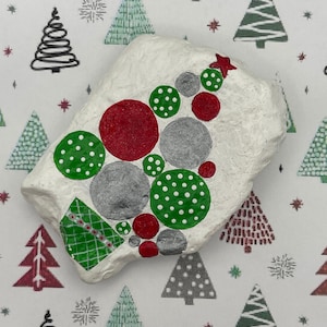 Modern Christmas Tree with Glitter Ornaments, Abstract Holiday Decor, Painted Rock, Stone Art