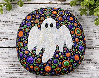 Glow in the Dark Ghost Painted Rock, Halloween Dot Art Stone, Spooky Season Decor, Hand Painted Halloween Rock