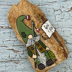 Fisherman Fisher Gnome, Gone Fishing, Painted Rock, Stone Painting Art