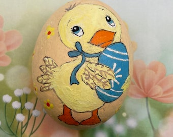 Baby Chicken Holding and Easter Egg, Easter Decor, Painted Rock, Stone Painting