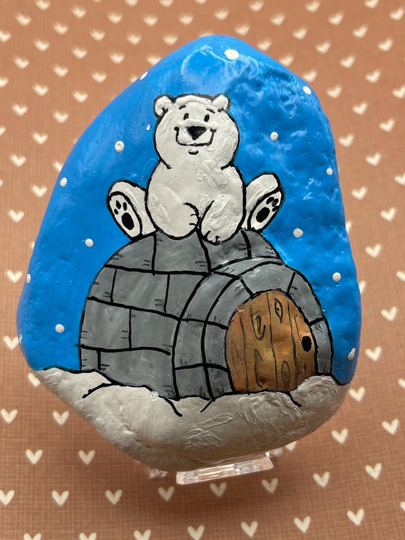 Polar Bear Painted Rock, Polar Bear on Igloo Decor, Winter Animal Art ...