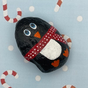 Penguin With Red and White Scarf, Christmas Holiday Decor, Winter Pebble Artwork, Painted Rock