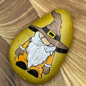 Gnome with Brown Witch Hat, Halloween Decoration, Hand Painted Rock, Pebble Art, Stone Painting