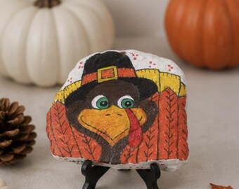 Thanksgiving Turkije Painted Rock, Pelgrim Turkije herfst decor, Thanksgiving gelaagde lade decor, herfst plank sitter, Thanksgiving cadeau
