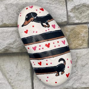 Adorable Dachshund Wrapped Around Painted Rock with Hearts, Unique Pet Lovers Valentine Gift