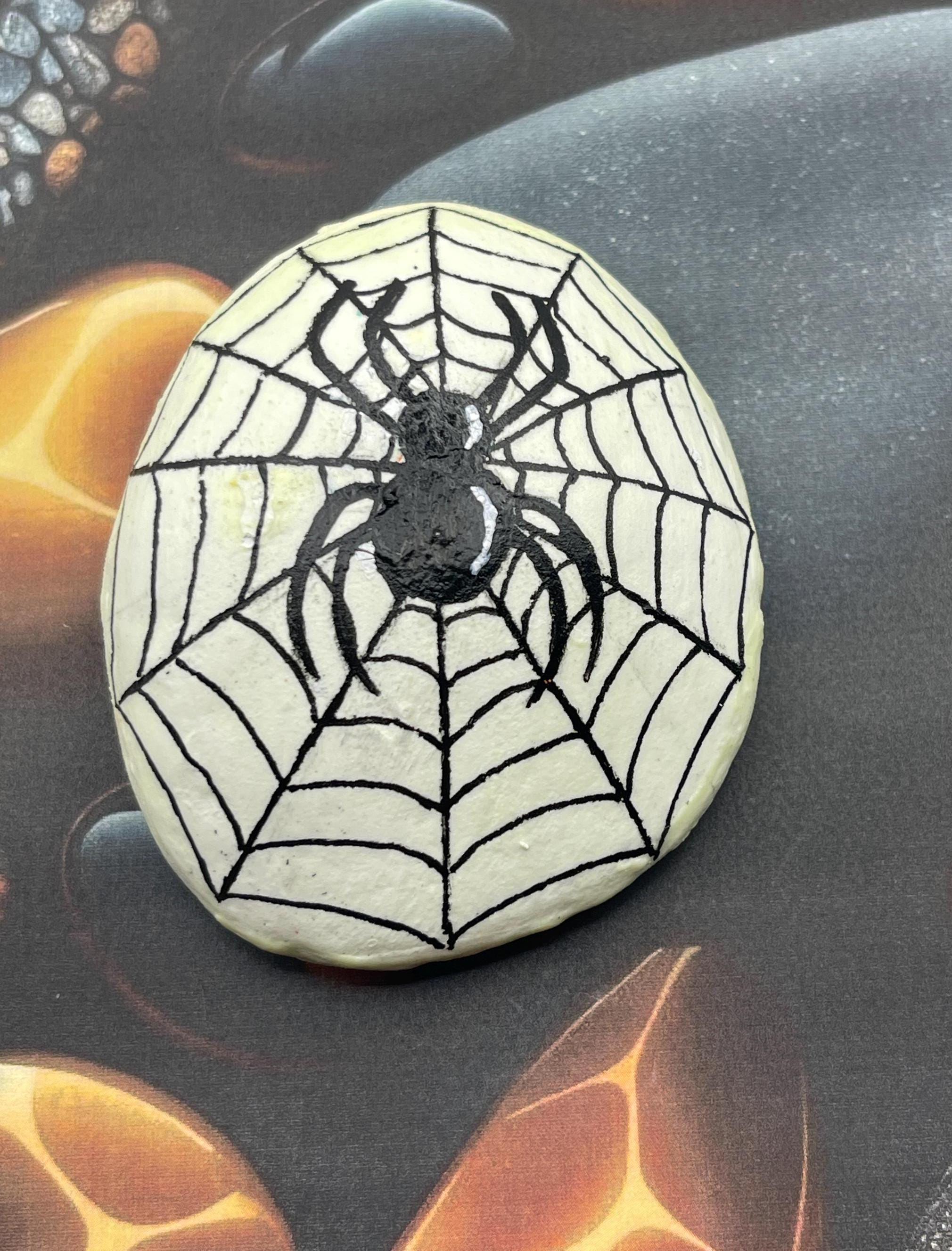 Glow in the Dark Spider Web Painted Rock, Halloween Spider Decor