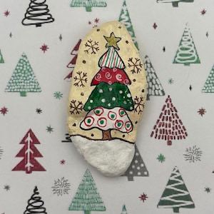 Abstract Christmas Tree, Winter Snow Decor, Painted Rock, Stone Painting