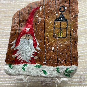 Santa Gnome with Lantern, Snow Winter Scene, Holiday Decor, Hand Painted Rock
