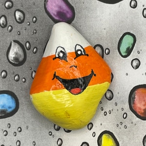 Happy Cartoon Face Candy Corn, Fall Art, Halloween Art, Hand Painted Rock, Pebble Art, Stone Painting