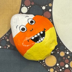 Whimsical Smiling Teeth Face Candy Corn, Hand Painted Rock, Fall Art Halloween Art, Stone Painting