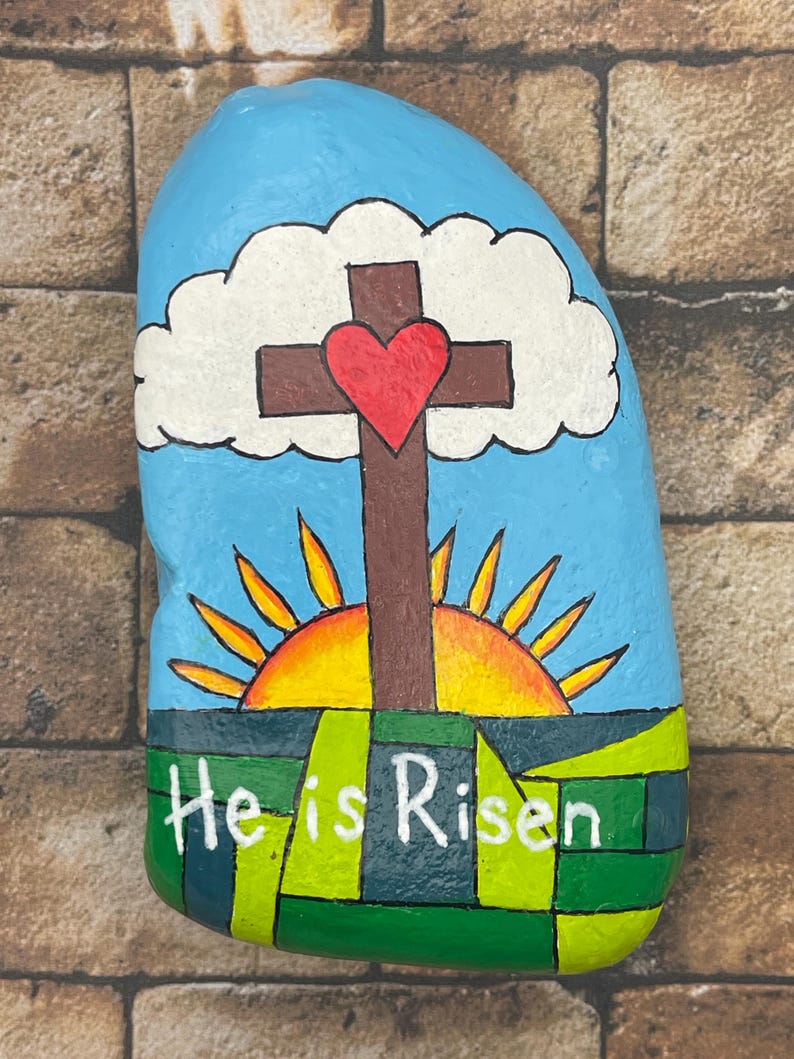 He is Risen Cross Painted Rock, Christian Easter Decor, Sunset Cross ...
