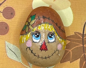 Cute Scarecrow, Fall Decor, Thanksgiving Art, Hand Painted Rock, Pebble Art