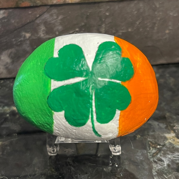 Ireland Flag with Four Leaf Clover, St. Patrick's Day, Irish Decor, Painted Rock, Stone Painting