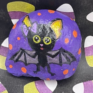 Whimsical Black Bat, Halloween Art, Pebble Art, Hand Painted Rock, Stone Painting