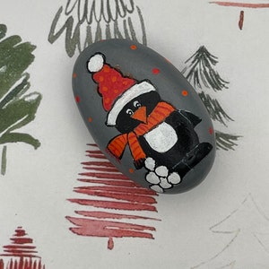 Penguin with Snowballs Wearing Winter Scarf and Hat, Painted Rock, Stone Artwork