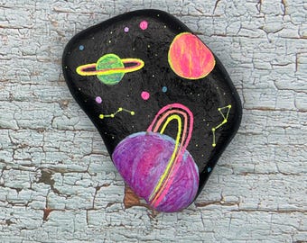 Fluorescent Planets Solar System, Black Light Painted Rock, Trippy