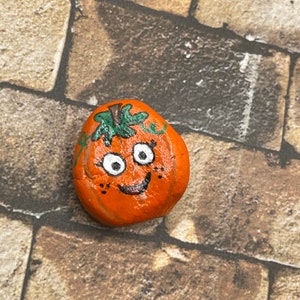 Happy Smiling Face Orange Pumpkin, Fall Art Halloween Art, Hand Painted Rock, Pebble Stone Painting