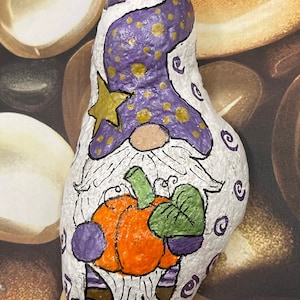 Whimsical Gnome with Pumpkin, Fall Halloween Decoration, Hand Painted Rock