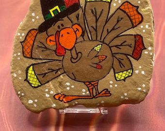 Hand Painted Turkey with Pilgrim Hat Stone Painting, Gather and Give Thanks Painted Rock, Thanksgiving Rock Art, Fall Home Decor