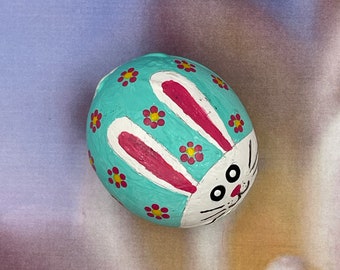 Cute Teal Easter Bunny Bug with Flowers, Spring Decor, Easter Painted Rock, Stone Painting