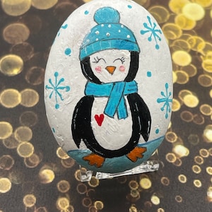 Penguin Wearing Blue Scarf and Hat, Snow, Winter Decoration, Hand Painted Rock