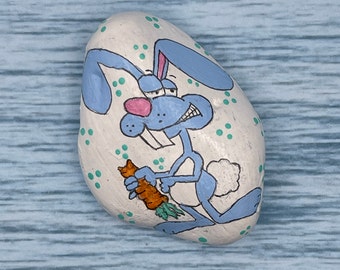 Cartoon Blue Bunny Holding Carrot, Happy Easter, Painted Rock, Stone Painting