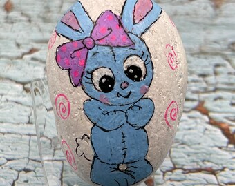 Happy Blue Bunny With Purple Hair Bow, Easter Decor, Painted Rock, Stone Painting