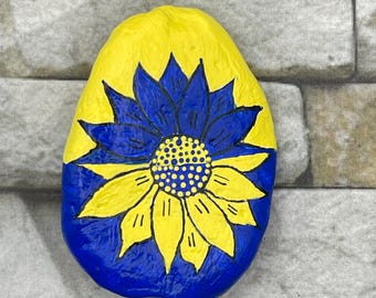 Blue and Yellow Sunflower, Ukraine, Hand Painted Rock, Pebble Art, Stone  Painting
