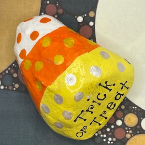 Trick or Treat Dot Candy Corn, Hand Painted Rock, Halloween Art, Stone Pebble Painting