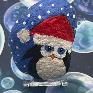 Whimsical Winter Penguin With Santa Hat, Christmas Holiday Pebble Art, Painted Rock
