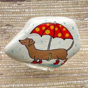 Whimsical Dachshund Wearing Rain Boots and Holding Umbrella, Cute Dog Lover Gift, Spring Painted Rock, Pet Stone Art