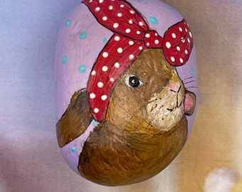 Brown Bunny Wearing a Red Bandana, Easter Decor, Painted Rock, Stone Painting