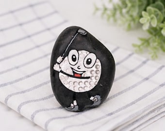 Whimsical Golf Ball Painted Rock, Golfer Gift, Golf Lover Decor, Tee Time Desk Accessory, Golf Office Shelf Art