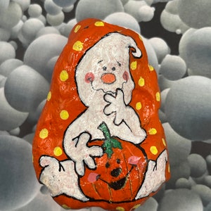 Whimsical Ghost with Pumpkin, Halloween Pebble Art, Hand Painted Rock, Stone Painting