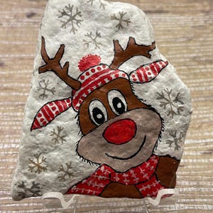 Christmas Reindeer Rudolph Wearing Hat and Scarf, Painted Rock, Holiday Winter Decor