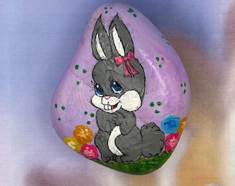 Cute Happy Bunny with Pink Bow, Happy Easter, Painted Rock, Stone Painting