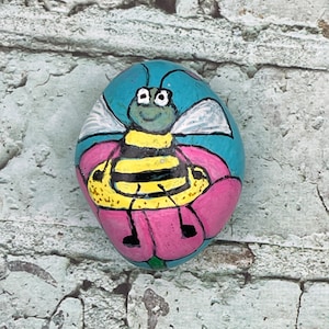 Cute Bumblebee Sitting on a Pink Flower, Bee Summer Fun Painted Rock, Painted Stone Art