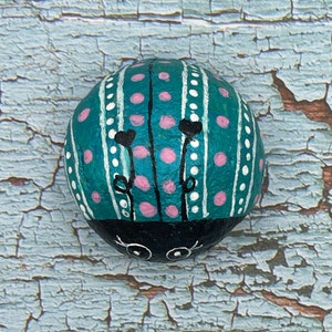 Metallic Teal Blue Ladybug with Stripes and Dots, Animal Art, Painted Rock, Stone Painting