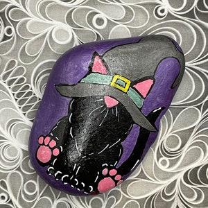 Gnome Black Cat with Witch Hat, Halloween Art, Hand Painted Rock, Pebble Stone Painting