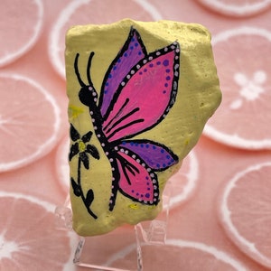 Pink and Purple Butterfly on Flower, Dream, Summer Time Painted Rock, Stone Painting Art