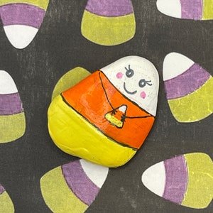 Whimsical Candy Corn Holding Candy Corn, Fall Art Halloween Art, Hand Painted Rock, Pebble Stone Painting