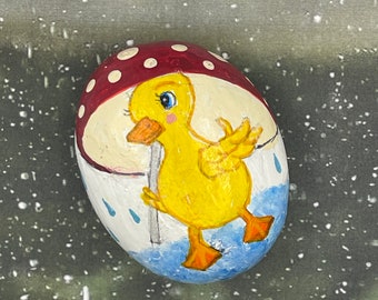 Duck Holding a Mushroom Umbrella, Spring Rain, Lovely Weather for a Duck, Painted Rock, Stone Painting