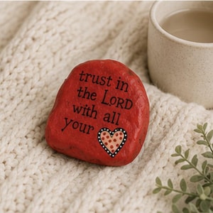 May include: A smooth, red, rounded stone featuring the black text "trust in the LORD with all your" and a small, decorative heart icon with a dotted pattern. The heart is outlined in black and white, and the stone has a matte finish.